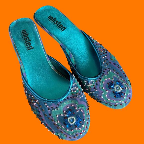 00's vintage groovy boho beaded paisley floral y2k kitten heels US Size 7.5 - Picture 2 of 9